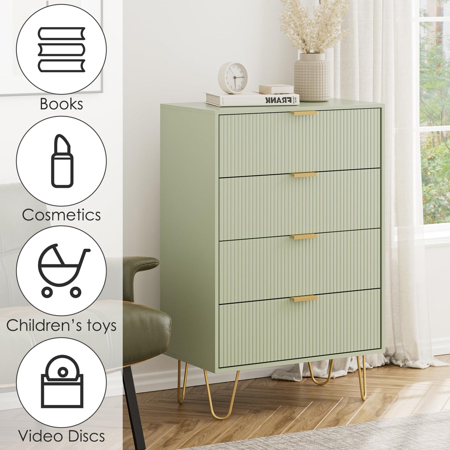 Masupu 4 Drawer Dresser, Drawer Chest, Tall Storage Dresser Chest Cabinet Organizer Unit with Gold Metal Legs, Nightstand for Bedroom, Living Room, Closet, Hallway Green Stripe
