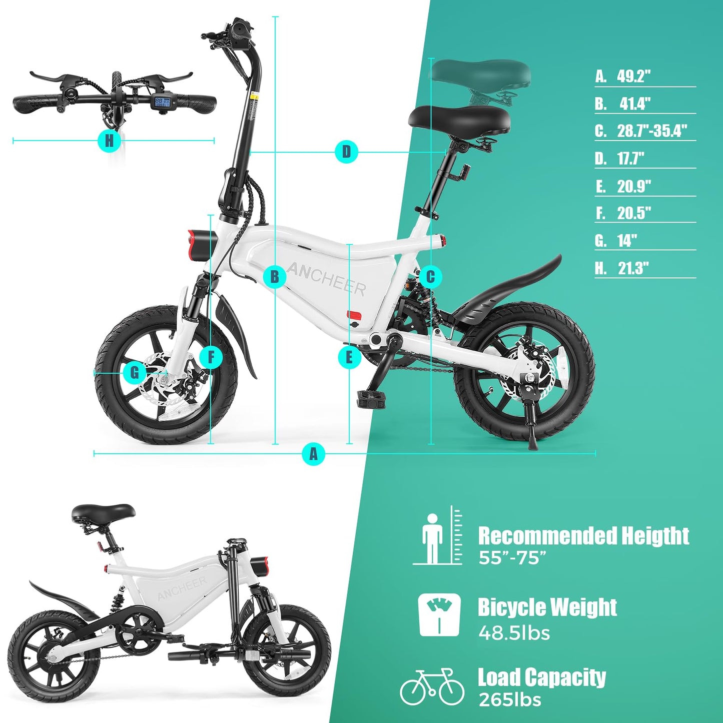 ANCHEER 374Wh Folding Electric Bike for Adults, 20MPH Ebike, 25-45 Miles Ebikes for Adults, 14" Foldable Electric Bicycle, Cruise Control, LCD Digital Display, Dual Suspension(White)