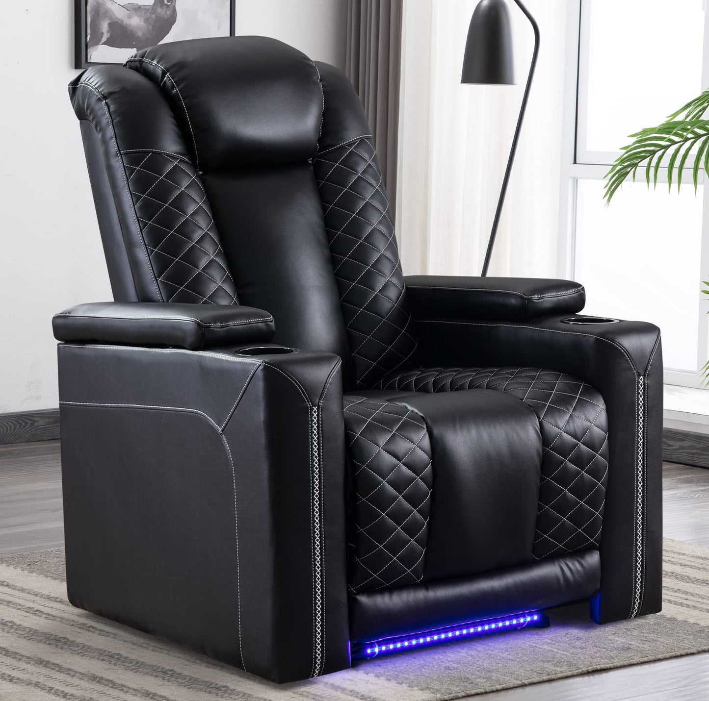 CANMOV Electric Power Recliner Chairs with USB Ports and Cup Holders, Breathable Faux Leather Home Theater Seating Recliner with Hidden Arm Storage, Ambient Lighting, Black