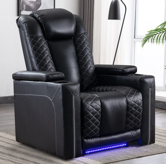 CANMOV Electric Power Recliner Chairs with USB Ports and Cup Holders, Breathable Faux Leather Home Theater Seating Recliner with Hidden Arm Storage, Ambient Lighting, Black