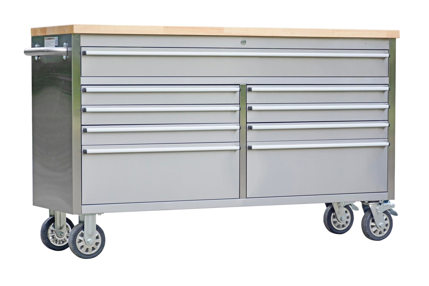 Heavy Duty 61" Tool Chest Cabinet, Mobile Garage Workbench with 9 Drawers and Power Strip, Rubber Wood Worktop, 1675 LBS Load, Rolling Tool Storage Organizer for Mechanic, Shop or Home Use