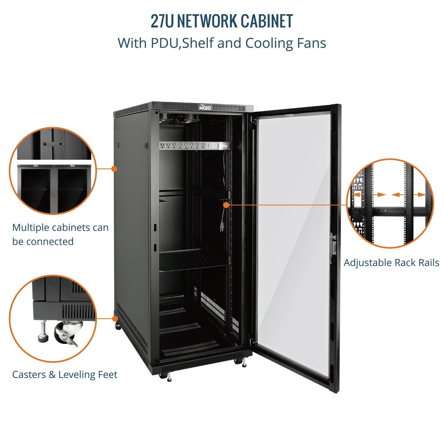 Tecmojo Network Rack Cabinet,27U Server Rack,31.5 Inch Depth,Hold Up to 1800Lbs,Lockable Cabinet with Casters and Complete Accessories,Clear Door,for Home,Office,Small Business (27U 23.6" w*31.5" d)