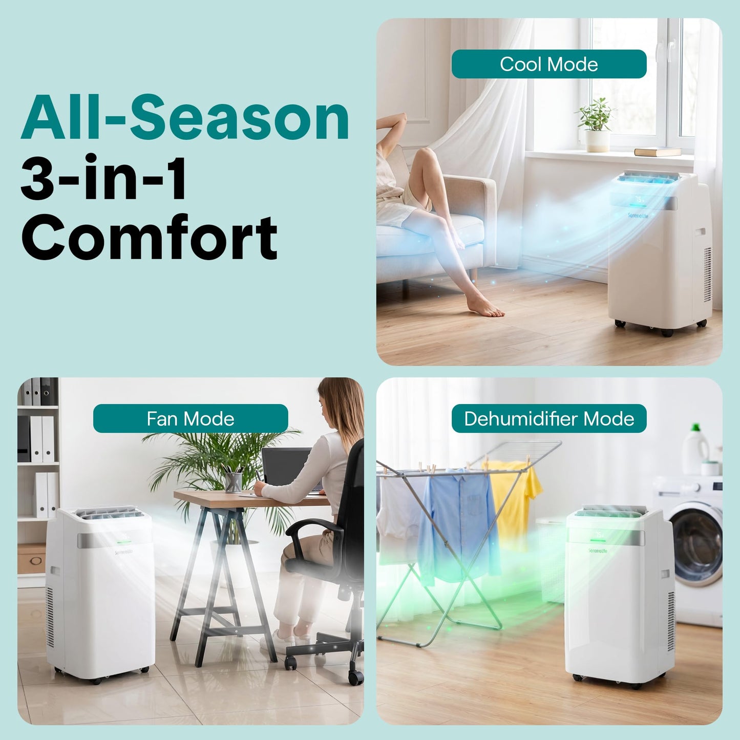 SereneLife Portable AC Unit with Wi-Fi, 14,000 BTU Cooling, Dehumidifier & Fan Modes Portable Air Conditioner, Adjustable Temperature, Compact Room Air Conditioner with Window Exhaust Kit, White