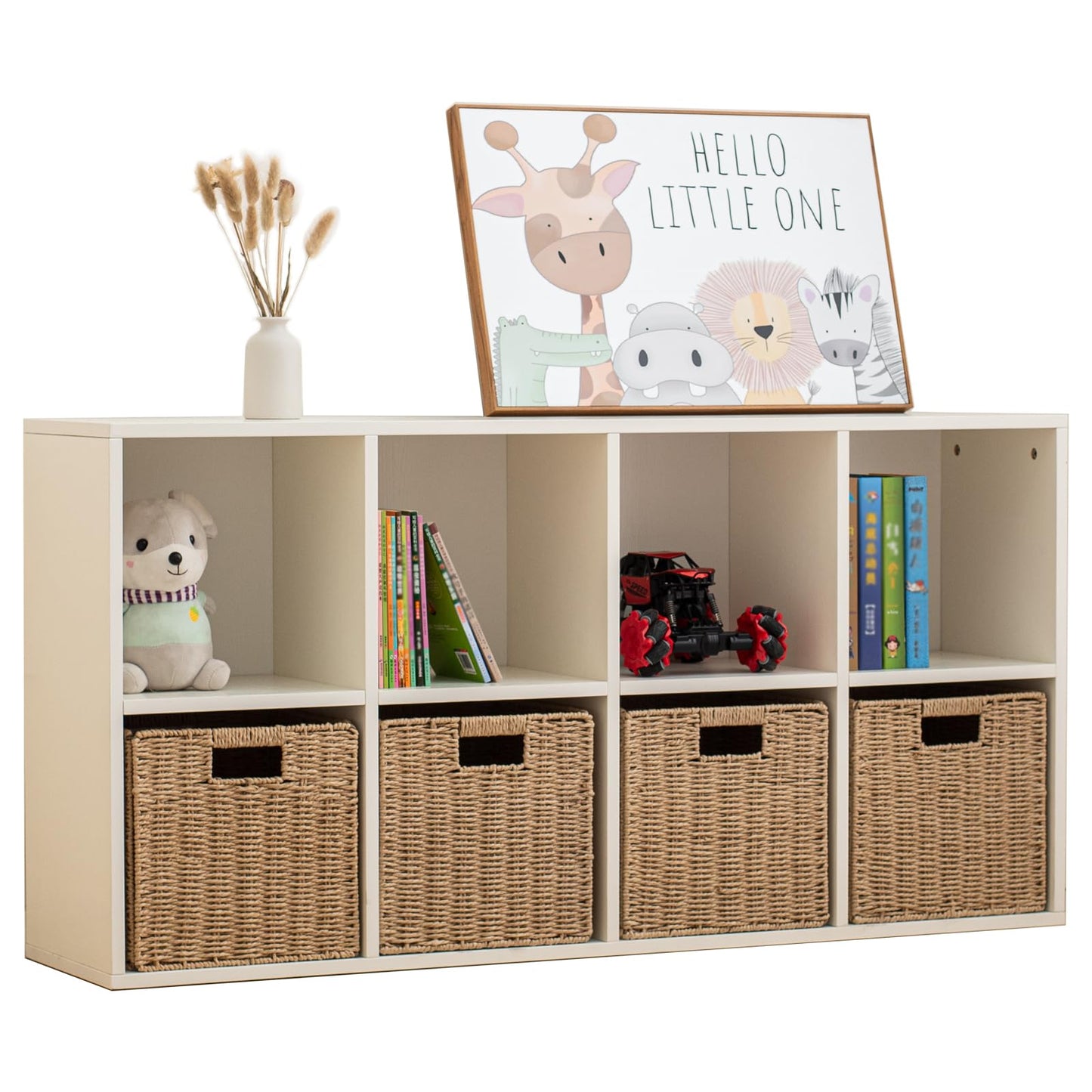 Wood 8-Compartment Storage Cabinet 8-Cube Storage Cabinet Organizer Wooden Cubby Bookshelf White 2 tier Open Cabinet Qquare Cubby Shelf for Home Office Living Room (8-Cube, 11 in Shelf Opening)