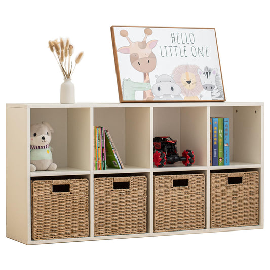 Wood 8-Compartment Storage Cabinet 8-Cube Storage Cabinet Organizer Wooden Cubby Bookshelf White 2 tier Open Cabinet Qquare Cubby Shelf for Home Office Living Room (8-Cube, 11 in Shelf Opening)
