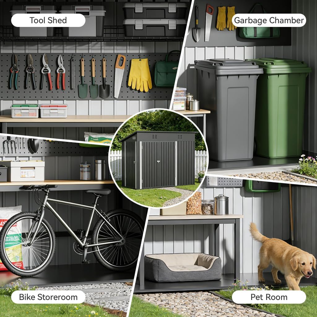 COMHOMA Shed Storage Outdoor Metal Windowed Lockable Weatherproof Ventilated Backyard Garden Utility Workshop(Grey,8'*4')