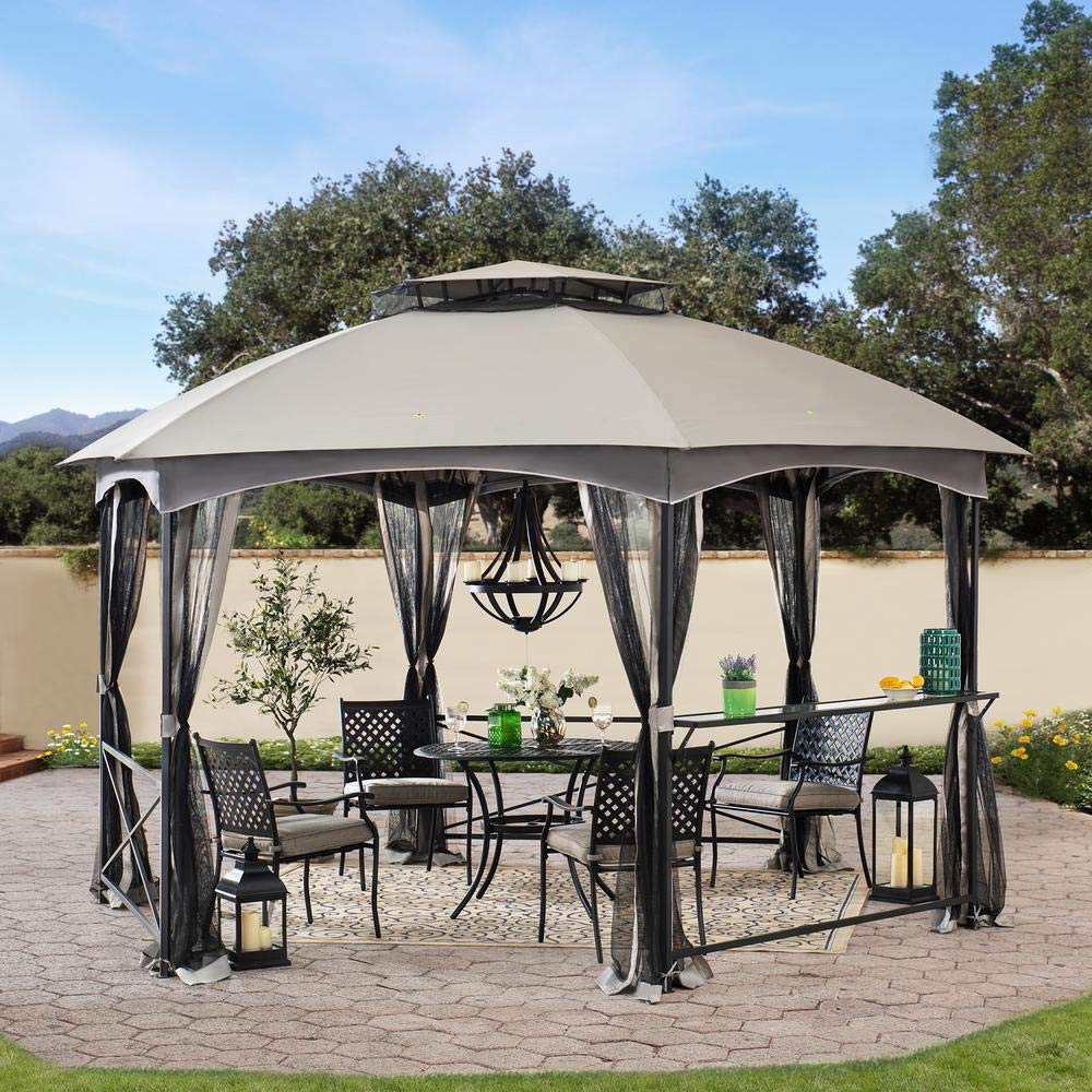 Sunjoy 15x15 ft. Soft Top Gazebo, Hexagon Steel Framed Patio Outdoor Backyard Gazebo with 2-Tier Dome Roof, Netting, Ceiling Hook, and Bar Shelf, Gray