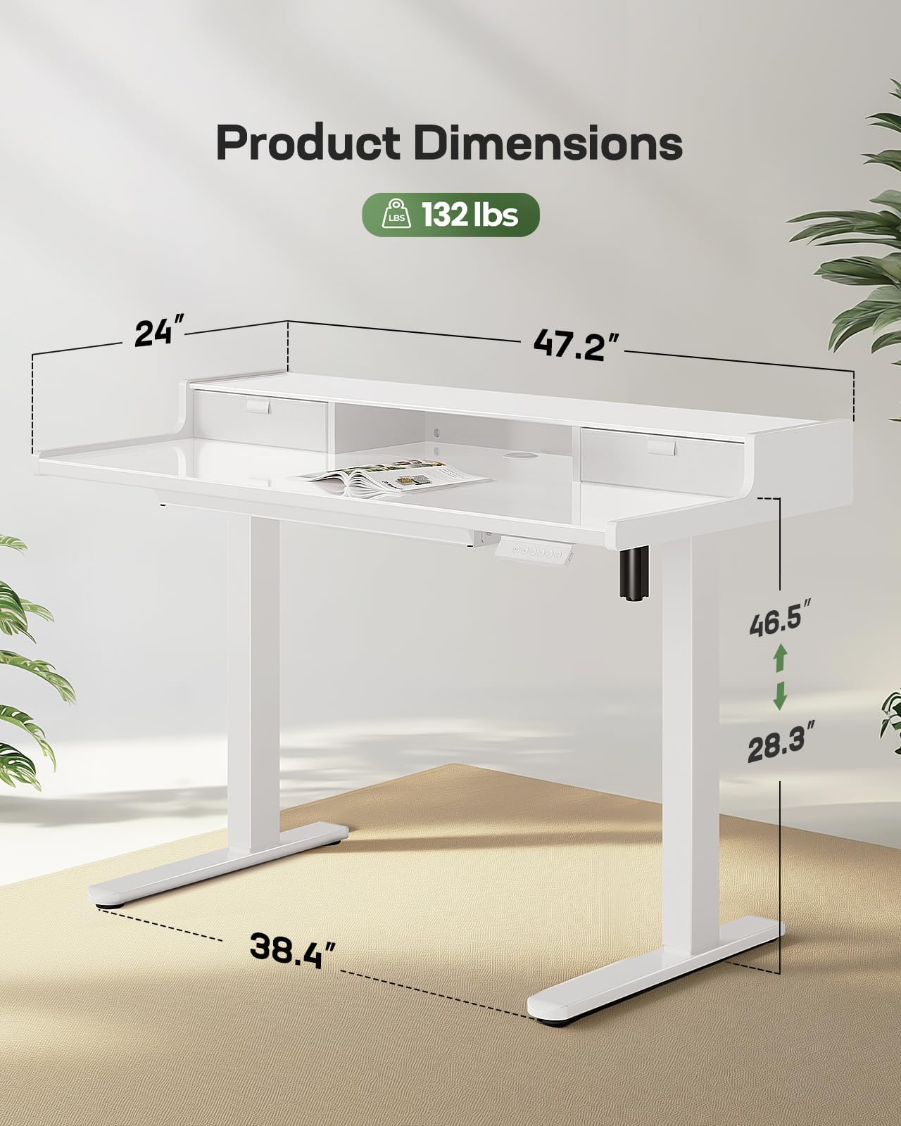 Marsail 48x24 inch Glass Standing Desk with Drawers, Computer Desk with Monitor Stand, Home Office Adjustable Table with Drawers, 4 Preset Heights, Stand up Table for Home, Office, White
