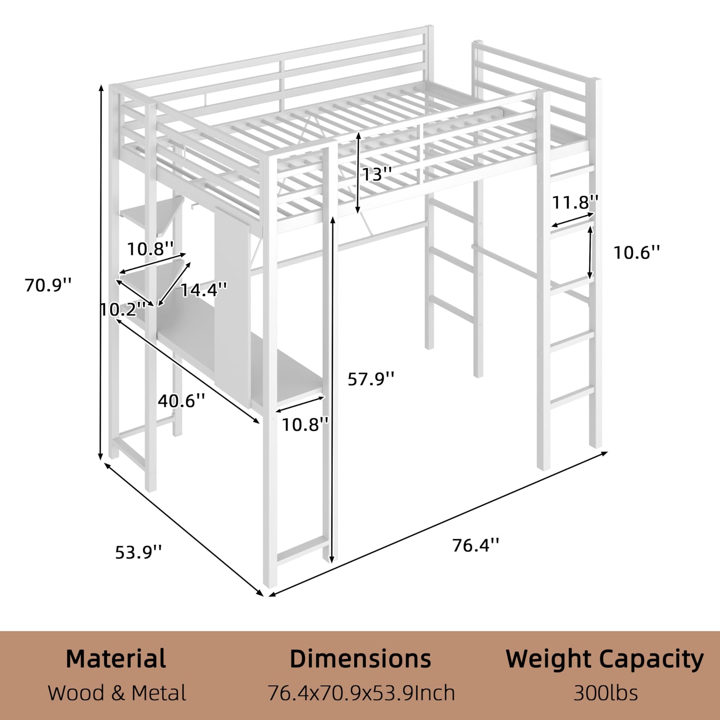 Nuturelly Loft Bed Full Size with Desk and Storage Shelves, Metal Bed Frame with with 2 Side Ladders for Teens & Adults, Space-Saving, Noise-Free, No Box Spring Needed, White