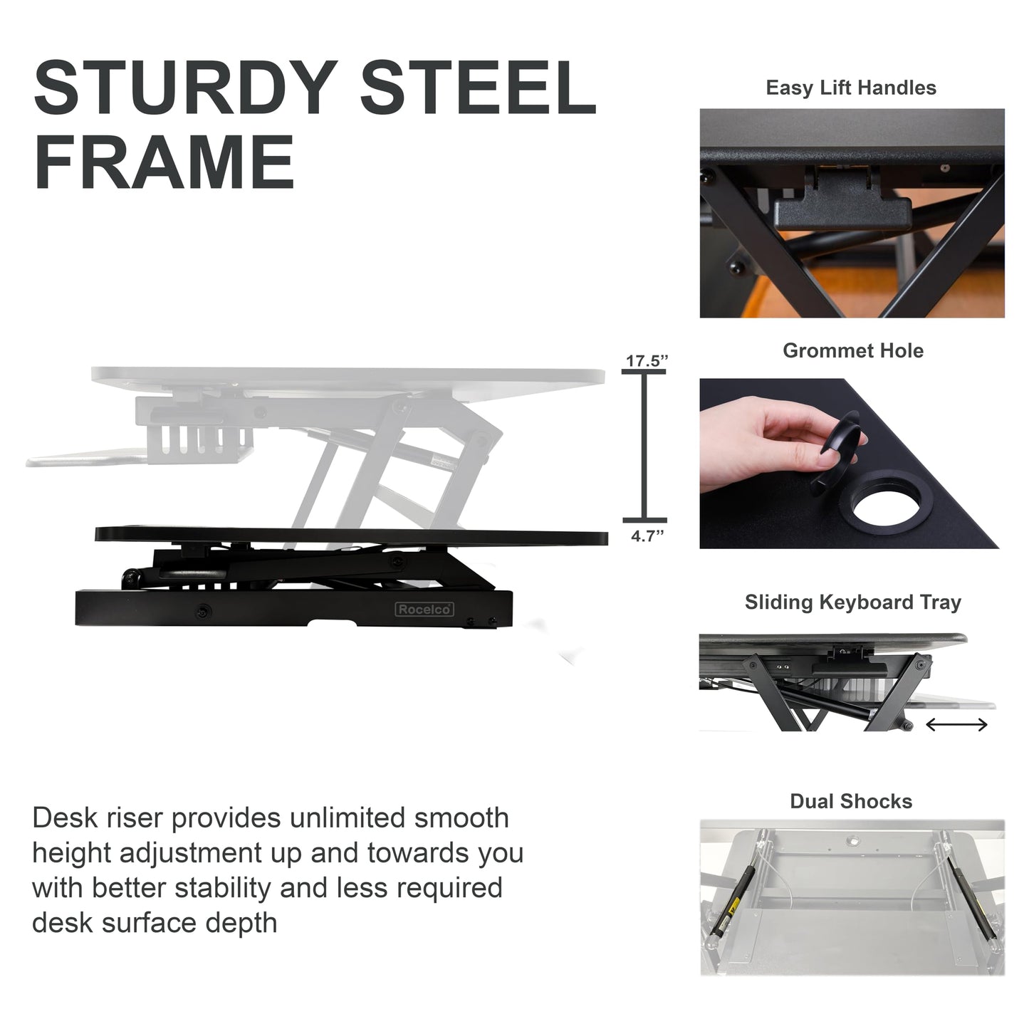 Rocelco 45" Height Adjustable Standing Desk Converter - Slide Out Retractable Keyboard Tray - Sit Stand Up Triple Monitor Riser - Dual Piston Lift Tabletop Computer Workstation - Black (R ADRB-45)
