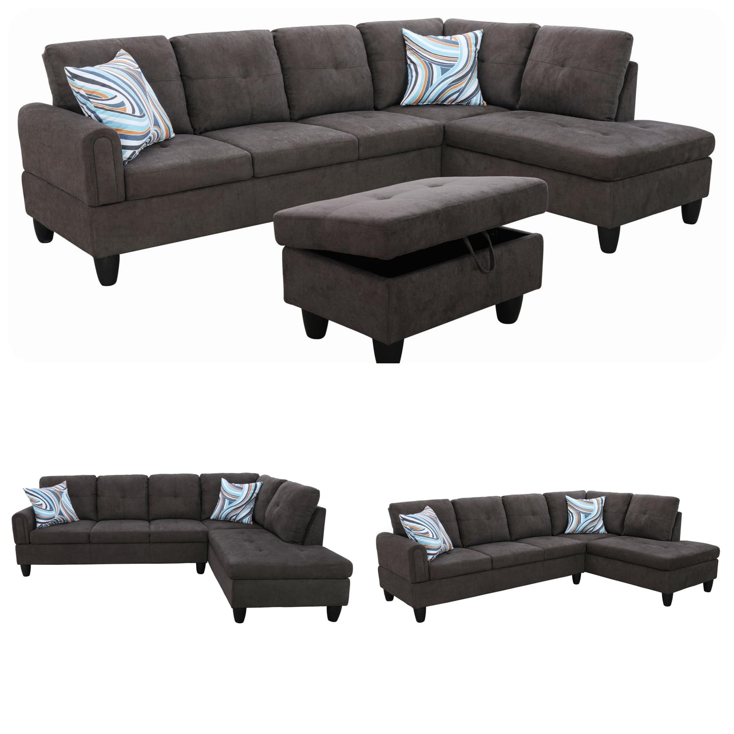 Topcomfy 97.5" L Shaped Couch Set, Modular Sectional Couches for Living Room with Storage Ottoman, 4 Seat Home Sofa Living Room Furniture Sets with Chaise for Apartment Office (Linen, Dark Brown)