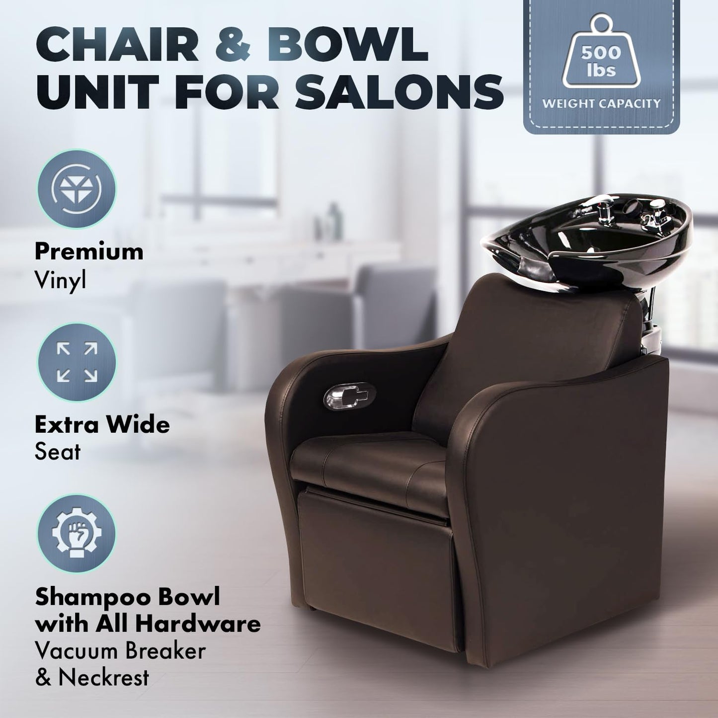 Buy-Rite Lexus Backwash Unit – Espresso Salon Shampoo Chair with Tilting Porcelain Bowl, Extra Wide Seat, Kick-Out Leg Rest, European-Style Faucet, Model TS-8018B