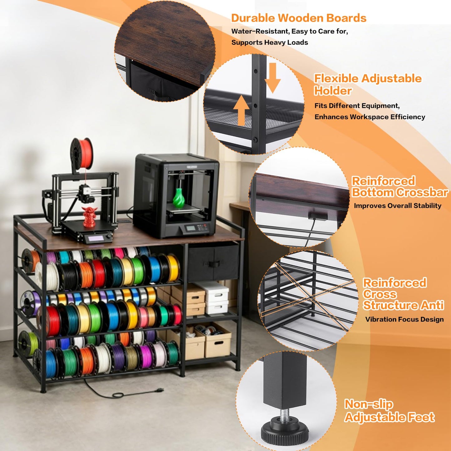 3D Printer Stand with Filament Storage Rack, Heavy Duty Metal Frame Workstation, 3-Tier 3D Printer Table with Tool Shelf for Stable Printing, Home Office Workshop Garage