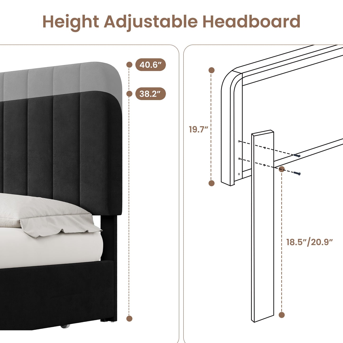 Garvee Queen Size Bed Frame with 4 Drawers, Upholstered Velvet Platform Bed with Height Adjustable Headboard, Wooden Slats Support, No Box Spring Needed, Easy Assembly, Black