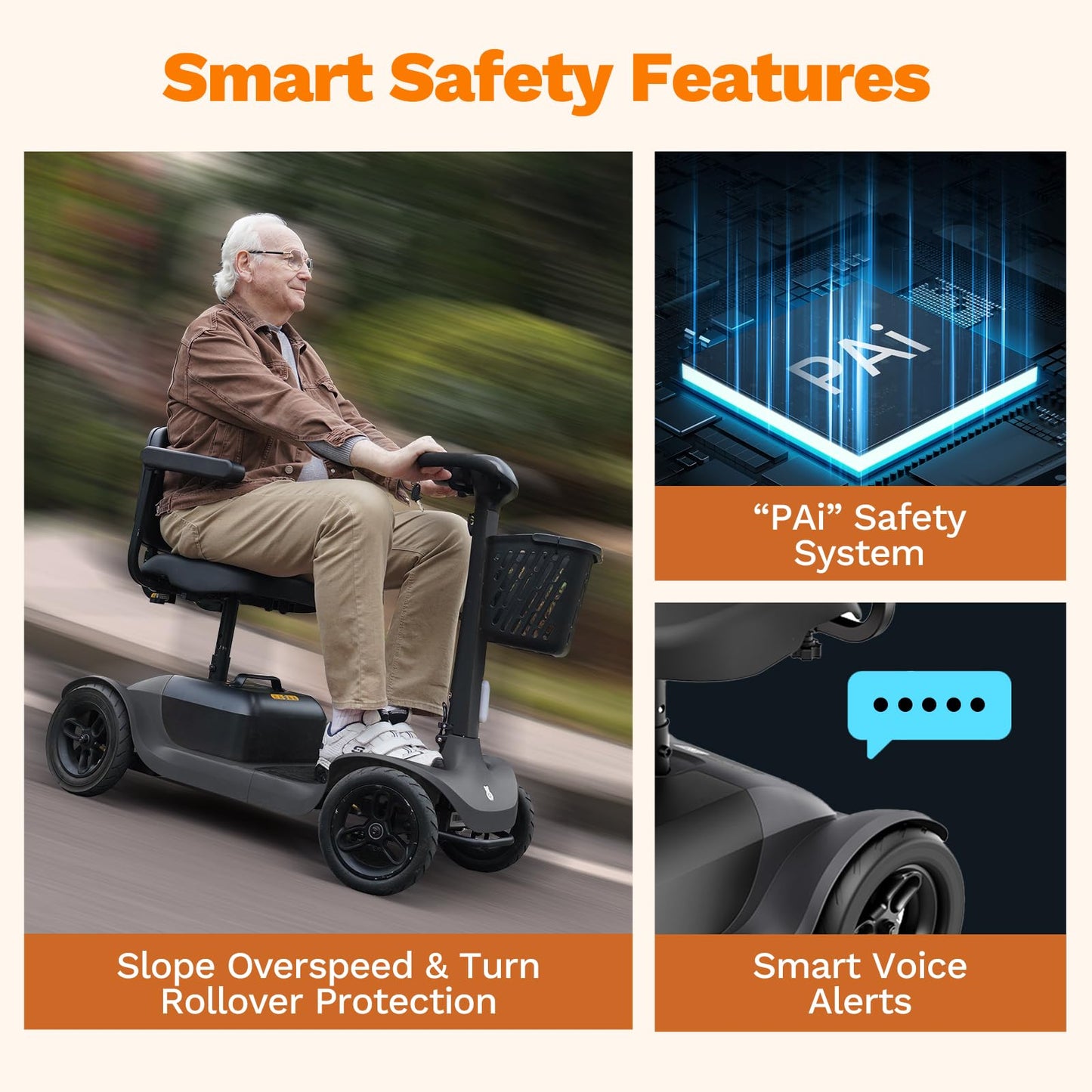 Glashow S1 Mobility Scooter for Adults, 4-Wheel Electric Mobility Scooter – 25-Mile Range, 6 mph, Smart Safety Features, Spacious Legroom, Swivel Seat, Headlight & Basket, Charger Included – Dark Gray