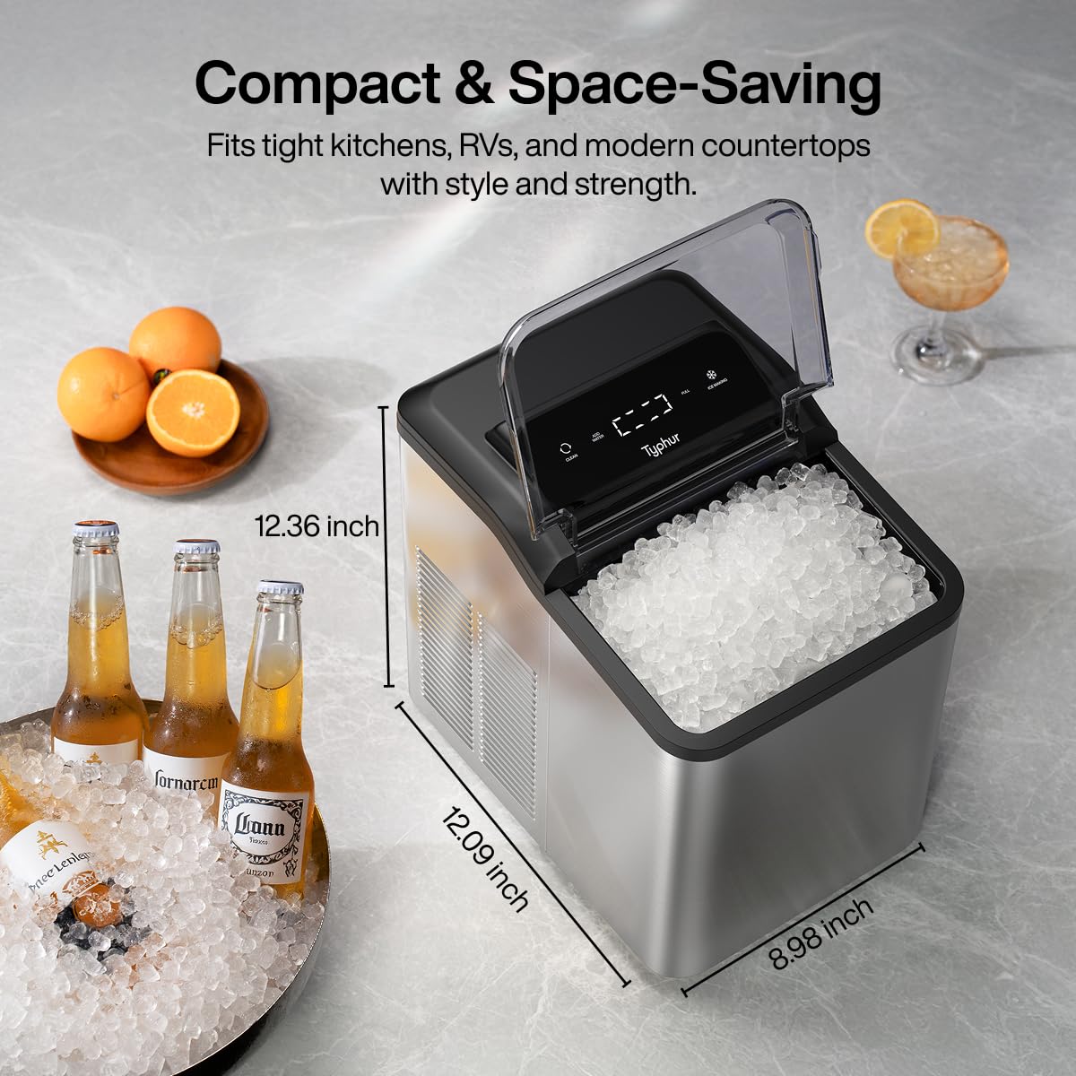 Typhur Fast Nugget Ice Maker Countertop with Self-Cleaning Pump, 35lbs/24H Crushed Pebble Ice Machine with Pellet Ice, 8 Packs Cleaner, Dual Ice Scoops for Home, Kitchen, Party, RV, Stainless Steel