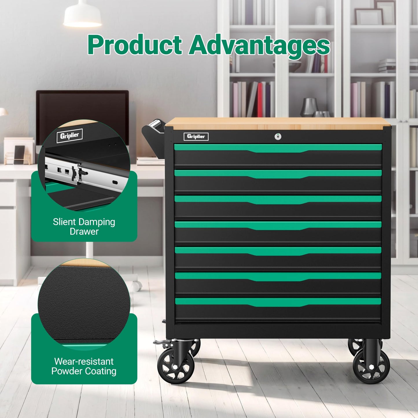 Griplier 7-Drawer Tool Chest with Wood Top, 31.3W x 18.9D x 32.3H inches, Black and Green，Locking Rolling Tool Box with Wheels,Mechanic Tool Cabinets for Garage, Warehouse,Repair Shop(7 Drawers)