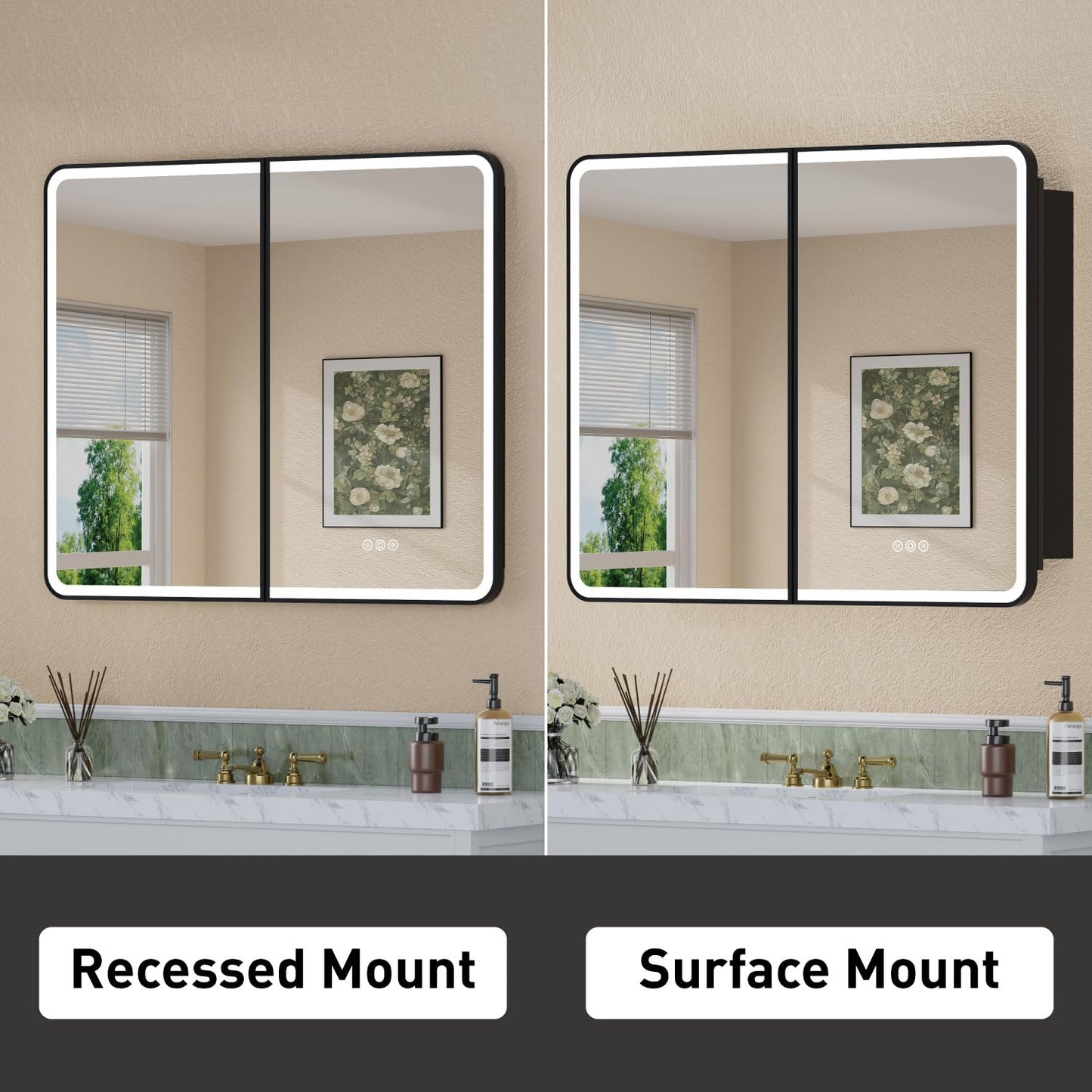 HBEZON 36 x 30 Inch Recessed Medicine Cabinet Mirror with Lights, Wall Mounted LED Bathroom Mirror Cabinet, Dimmable, Anti-Fog, Memory Function, 3 Color Modes, Adjustable Shelf, ETL Certified, Black
