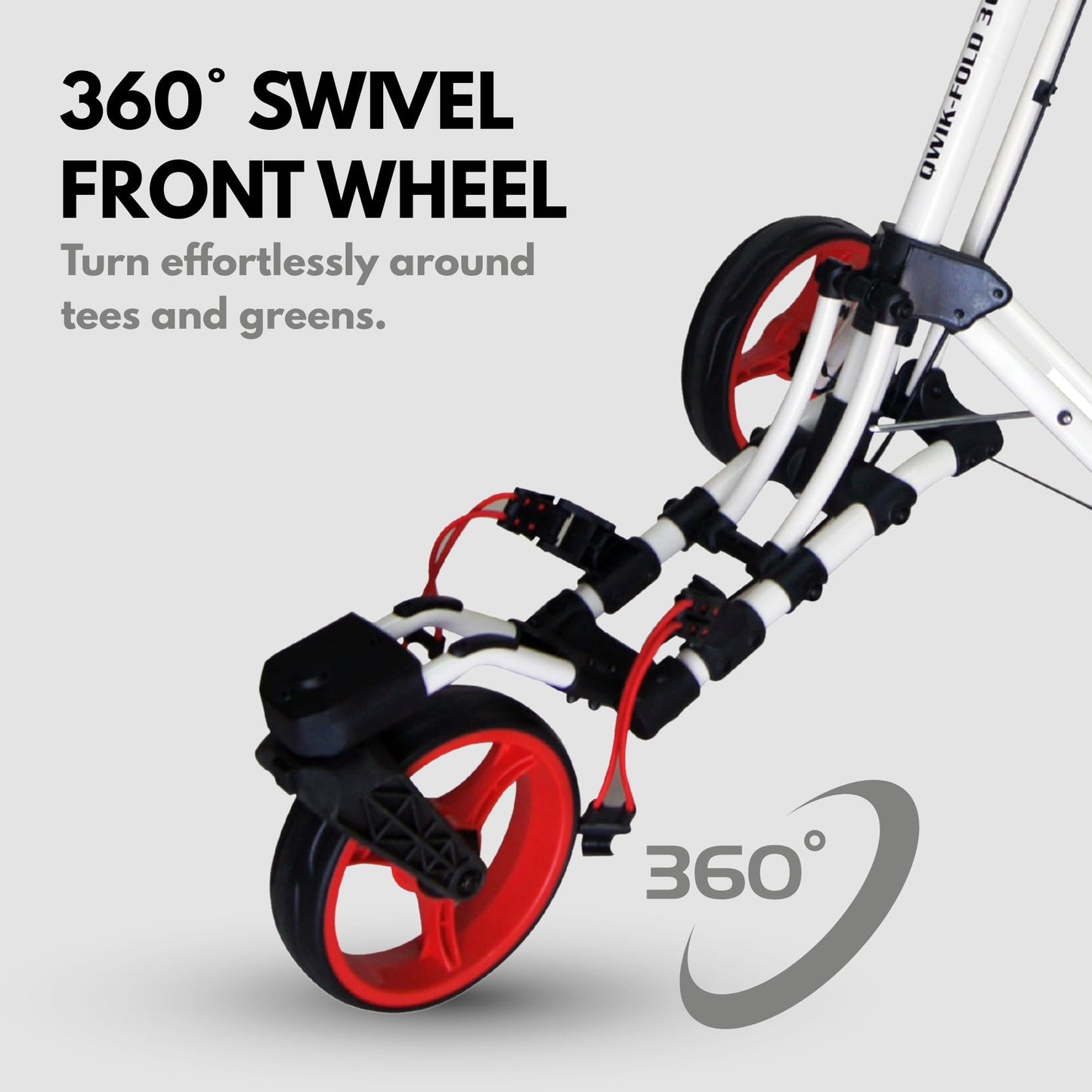 Qwik-Fold 360 Swivel 3 Wheel Push Pull Golf CART - 360* Rotating Front Wheel - ONE Second to Open & Close! (White/Red)
