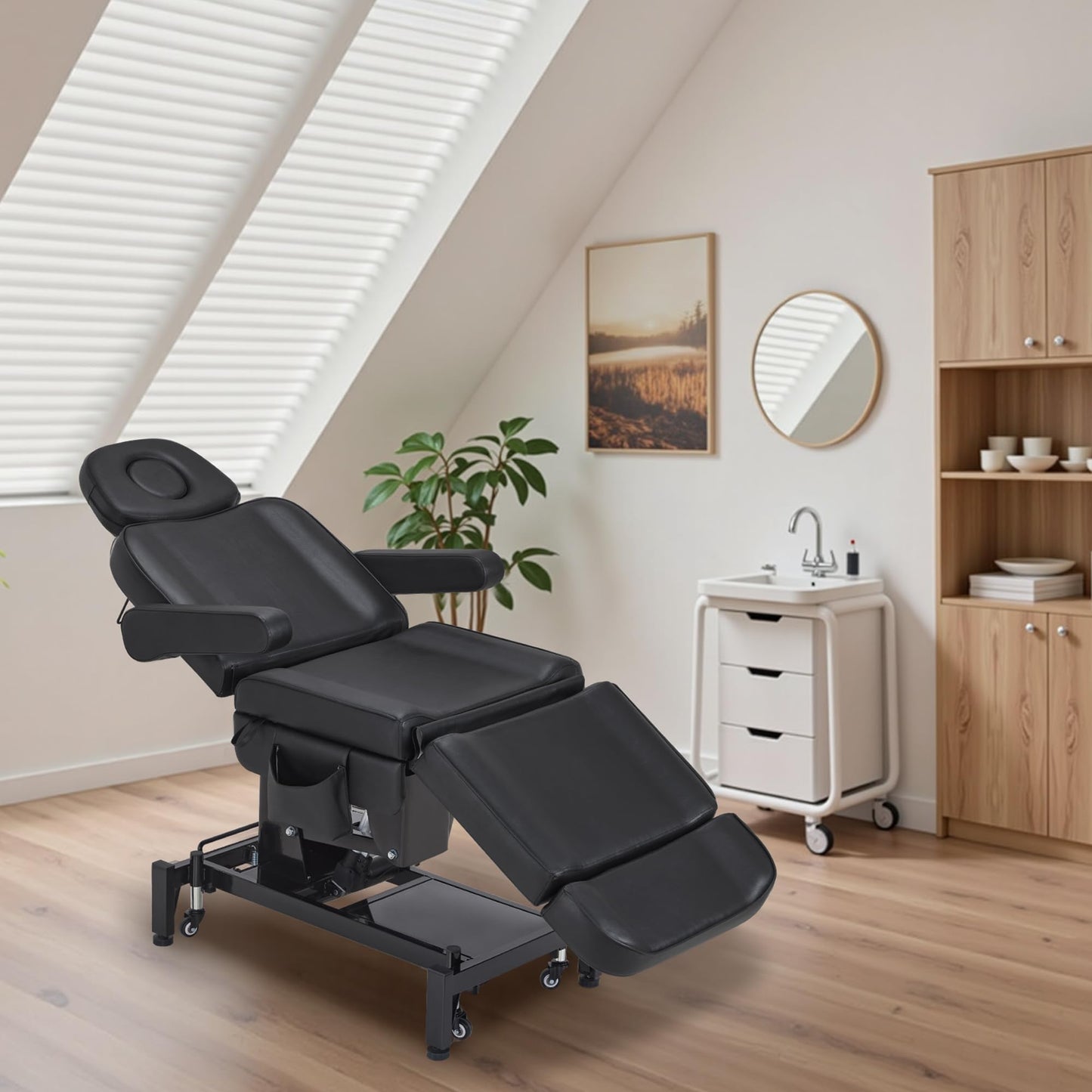 BarberPub Fully Electric Beauty Bed, 3-Motor Salon Spa Chair with Foot-Controlled Wheels, Adjustable Height, Backrest & Leg Rest – PVC Leather, Professional Facial & Treatment Table 2754 (Black)