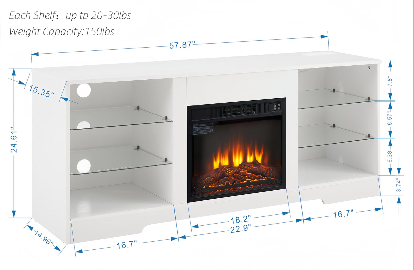 Ball & Cast Fireplace TV Stand with Led and Power Outlets, Entertainment Center with Electric Fireplace for 32"/42"/50"/55"/62" TVs, Modern TV Media Console with Glass Storage Shelves,White