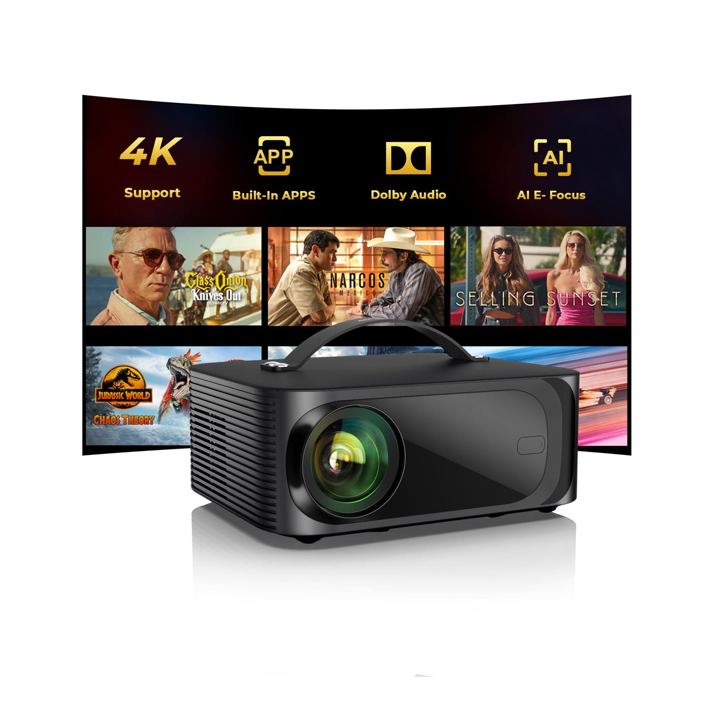 Outdoor-Projector-4K with WiFi and Bluetooth: [3000 Brightness/50W DoIby/Built-in APPs] Portable-Projector Smart OS 2.0&AI Auto Focus, ONOAYO Movie Proyector Compatible with Netflix/YouTube/PrimeVideo