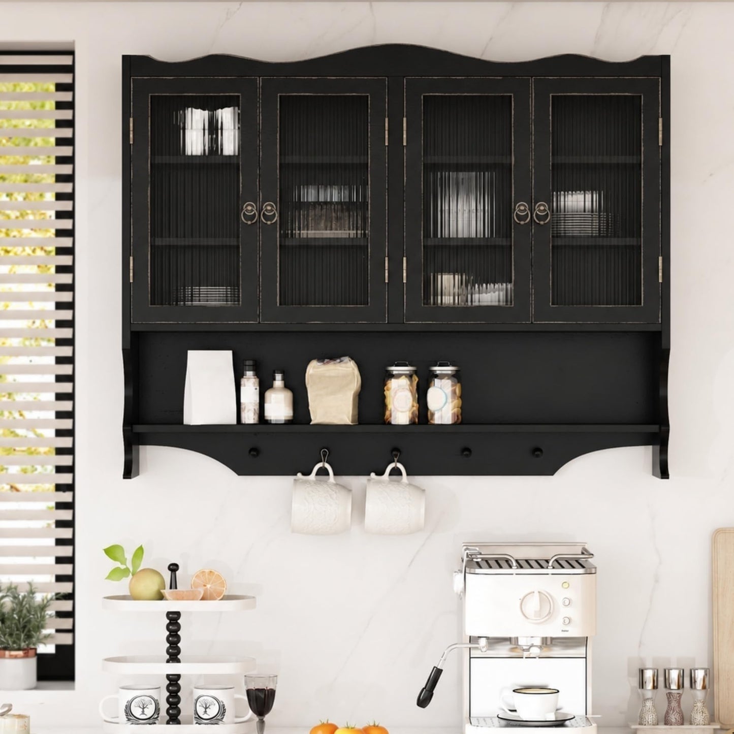KEIKI 39.37" L Wall Mounted Kitchen Sideboard Cabinet with 4 Glass Door, 5 Hook Rack, 4 Layers Shelves, Retro Storage Buffet Medicine Cabinet for Bathroom, Dining Rooms, Entryway, Solid Wood, Black