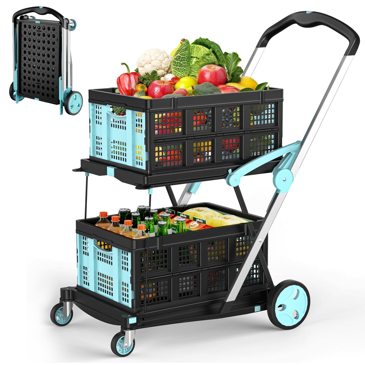 Foldable Shopping Cart, 200 lbs Capacity Grocery Cart on Wheels with Two Collapsible Crate Heavy Duty Collapsible Carts with Foot Brake for Groceries, Office, Warehouse and Supermarket