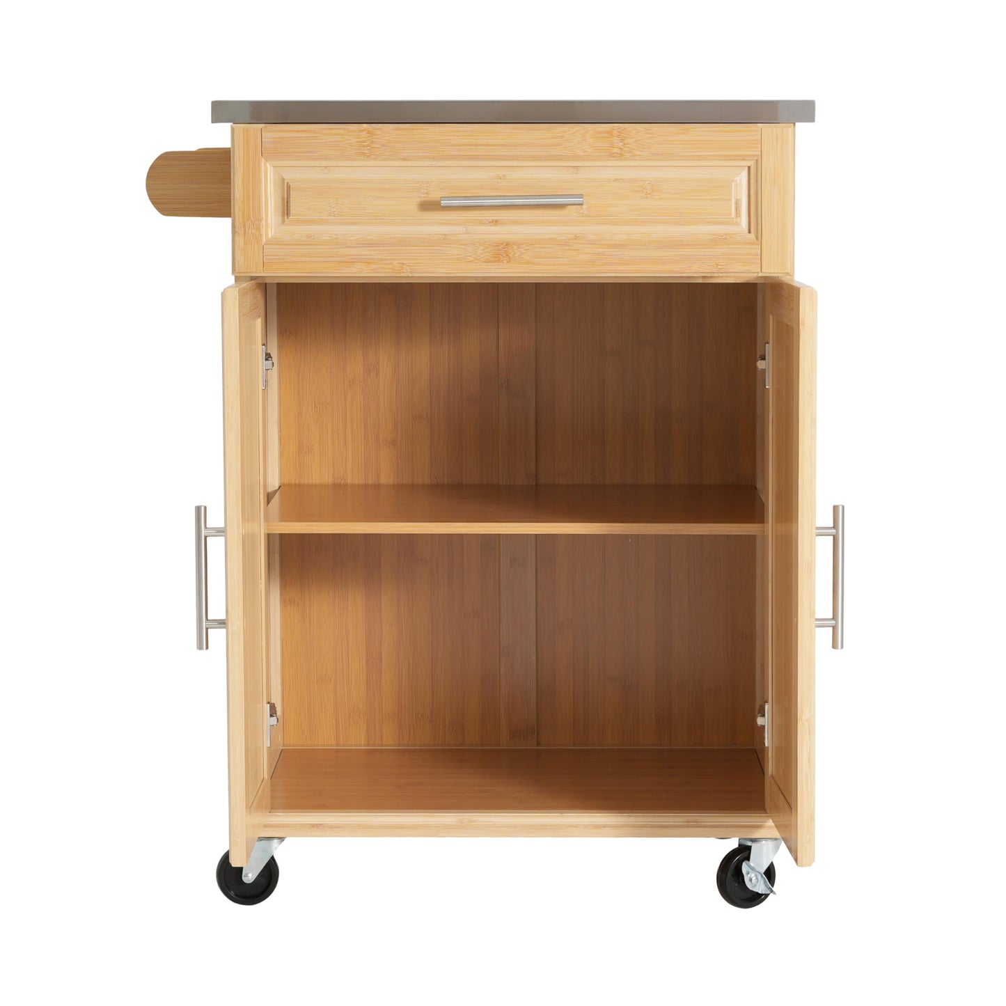 Merax Indoor Compact Bamboo Rolling Kitchen Cart with Stainless Steel Top – Mobile Storage Island with Drawer & Cabinet for Small Spaces