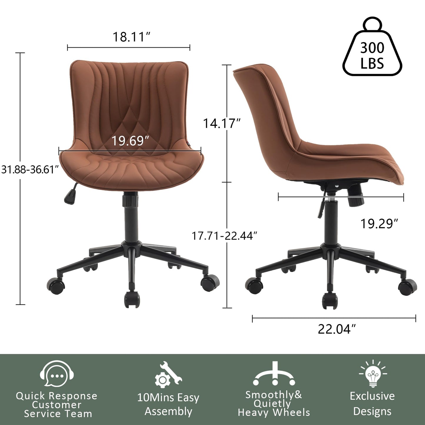 YOUTASTE Coffee Brown Office Chair Modern Armless Desk Chair with Wheels Adjustable Swivel Rocking Rolling Computer Study Chairs Faux Leather Sewing Chairs with Back Stylish Vanity Chair