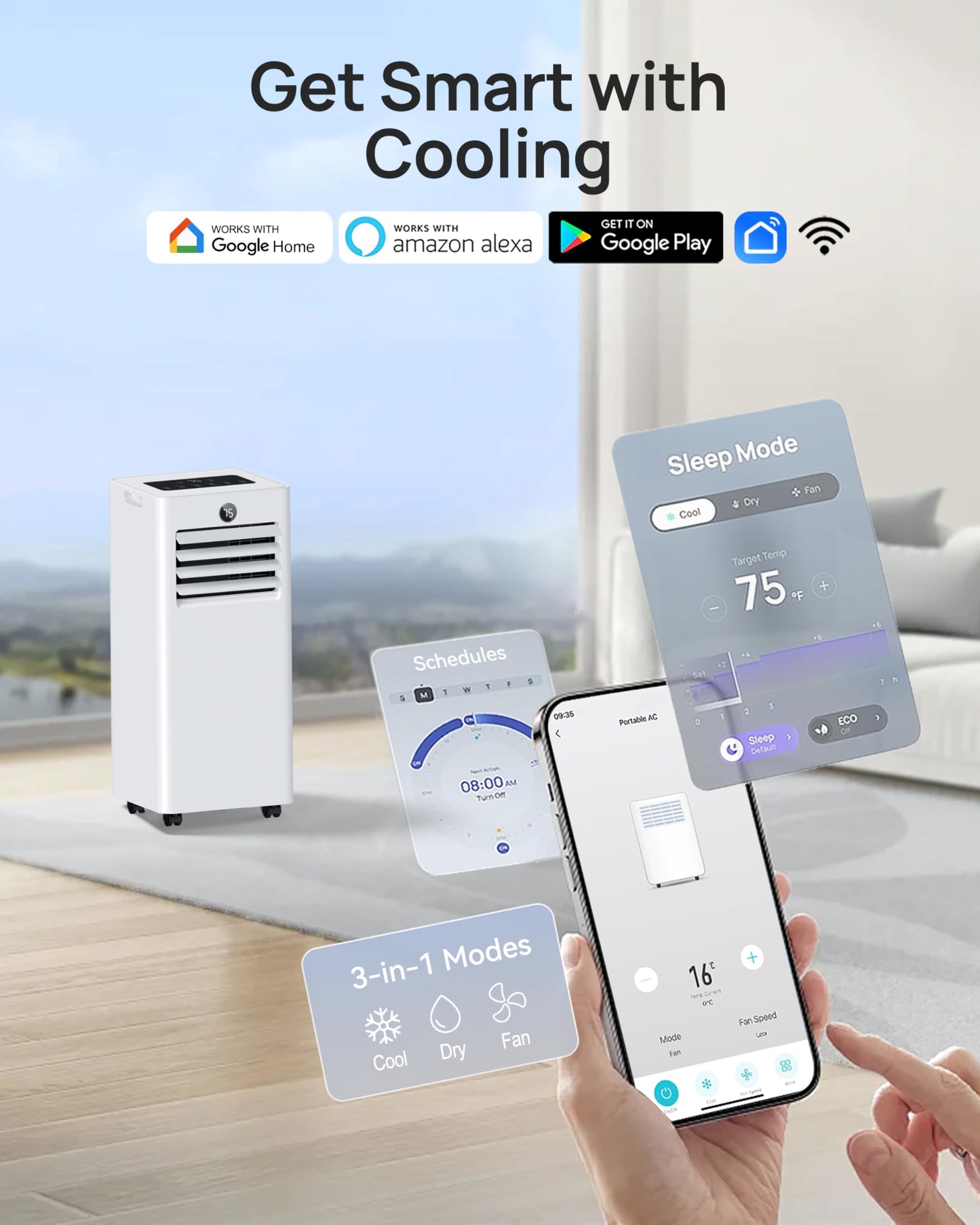 CKEARO Portable Air Conditioner 16,000 Btu Smart AC Unit with WiFi APP Control for Large Rooms Up to 750 Sq.Ft, Fast Cooling, Dehumidifier, Fan, Quiet 36dB Sleep Mode 24H, Window Kits for Room Indoors