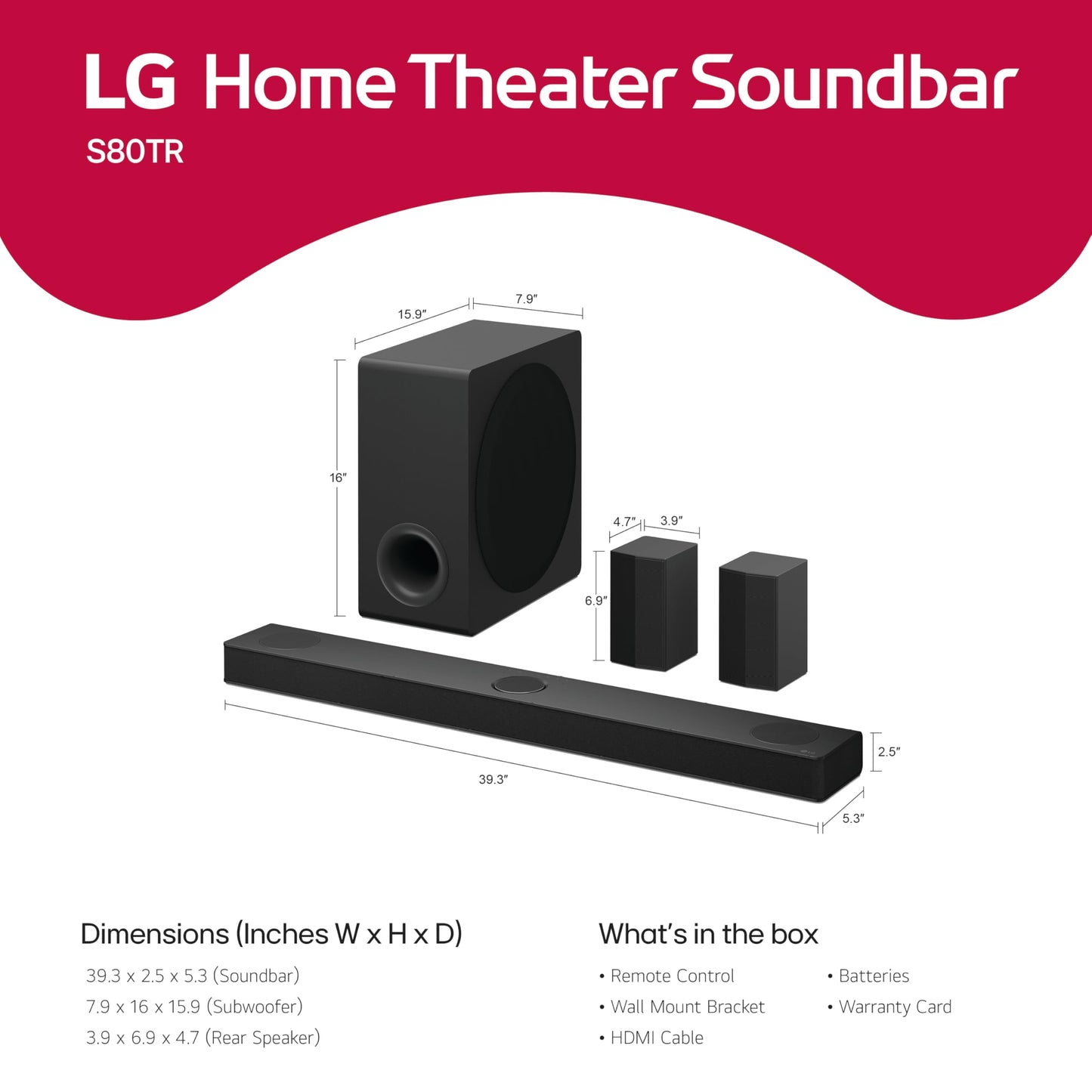 LG S80TR 5.1.3 ch. OLED evo TV Matching Home Theater Soundbar with Rear Surround Speakers and Wireless Subwoofer, Wow Orchestra, Dolby Atmos, WOWCAST Built-in (2024 Model)