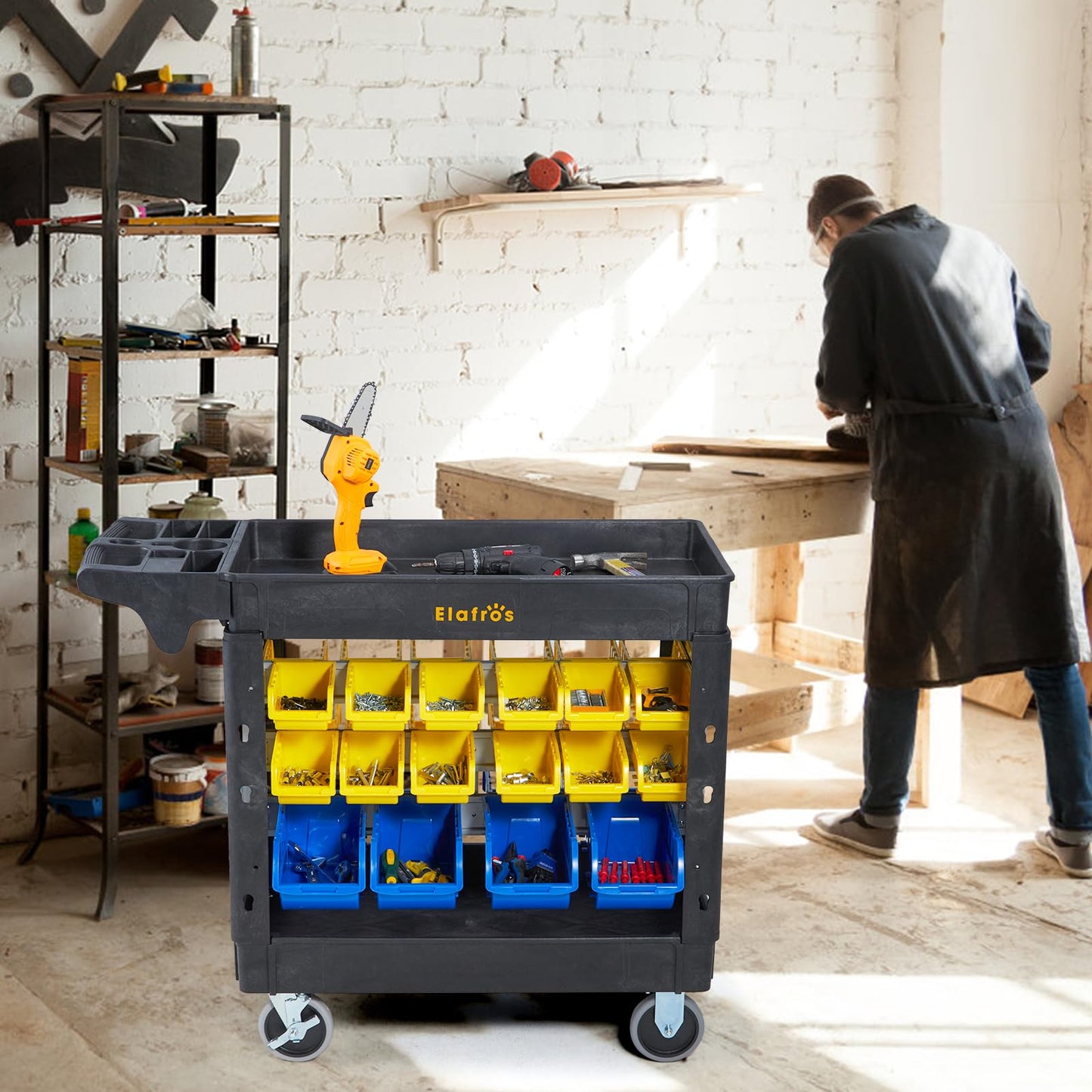 ELAFROS 2-Tier Heavy Duty Utility Cart with 32 Storage Bins, 40.7 x 17 in