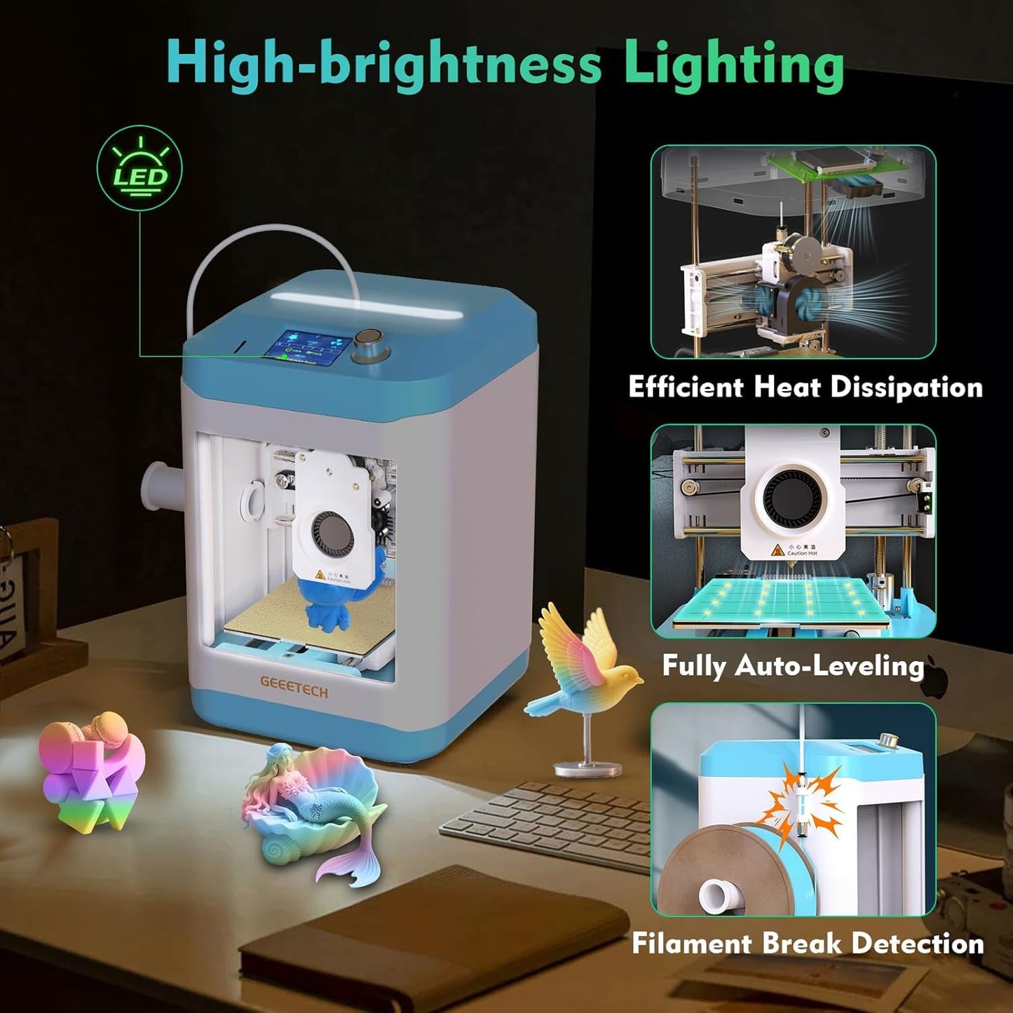Geeetech Smart 3D Printer for Kids and Beginners, WiFi Mini 3D Printers with App Control, High Speed and Quality Printing, Fully Assembled and Auto Leveling, Blue (Blue)