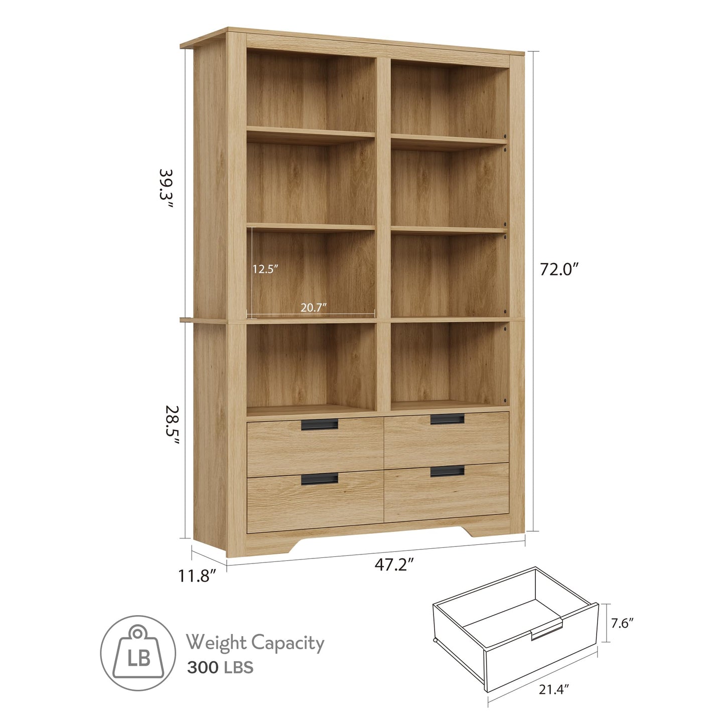 72" Tall Bookshelf with 4 Drawers, Farmhouse 6-Tier Double Wide Bookshelves and Bookcases with Storage, Freestanding Bookshelf Large Open Book Shelf for Home Offices, and Living Rooms