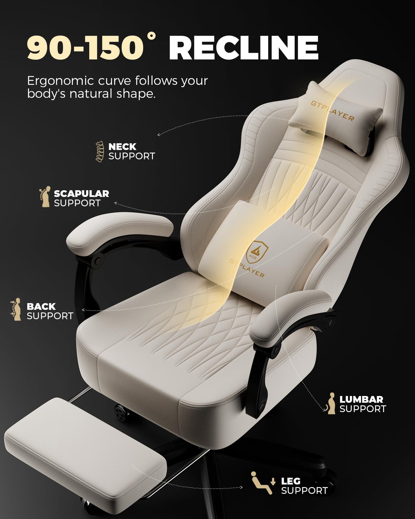 GTPLAYER Gaming Chair, Video Game Chairs with Footrest, PC Gamer Chairs for Adults - Padded High Back Ergonomic Reclining Silla Gamer, Linkage Armrest, Ace Pro, Ivory