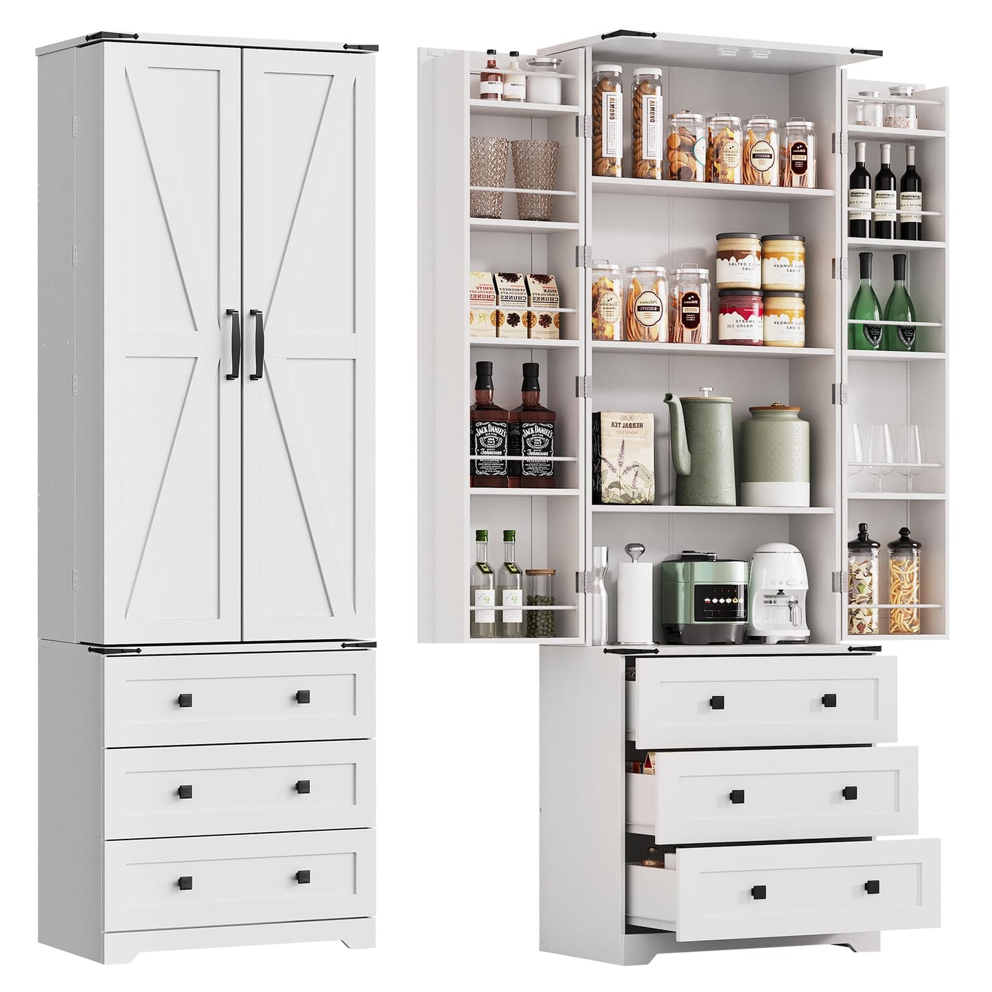 IDEALHOUSE Farmhouse Kitchen Pantry Cabinet - 72" Tall Large Wood Kitchen Storage Cabinets with Adjustable Shelves & 2 Barn Doors & 3 Drawer, Versatile Storage for Dining Room, Bathroom, Living Room
