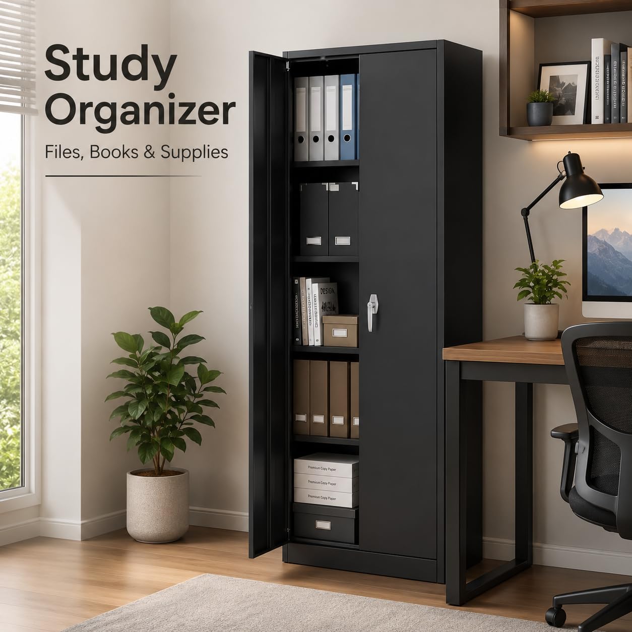 PeakPursuit 71 Inch Metal Storage Cabinet, Locking Steel Cabinet with 4 Adjustable Shelves & Leveling Feet, Heavy Duty Garage Storage Cabinet for Pantry, Office, Home, Laundry Room, Black