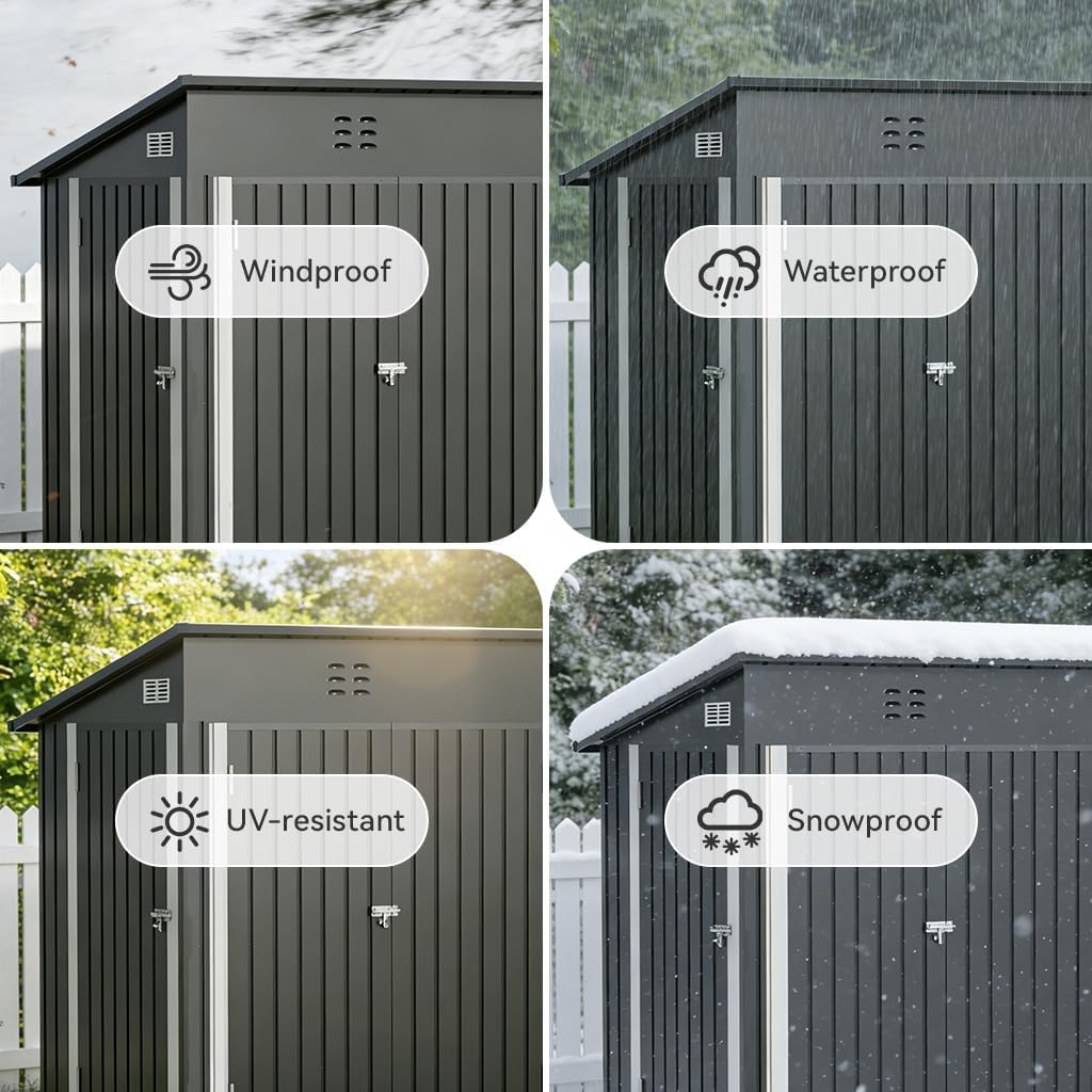COMHOMA Shed Storage Outdoor Metal Windowed Lockable Weatherproof Ventilated Backyard Garden Utility Workshop(Grey,8'*4')