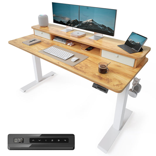 TENKIA 55x24 Inch Electric Standing Desk with Double Drawers, Adjustable Feet & Hooks, Ergonomic Home Office Workstation, Light Rustic