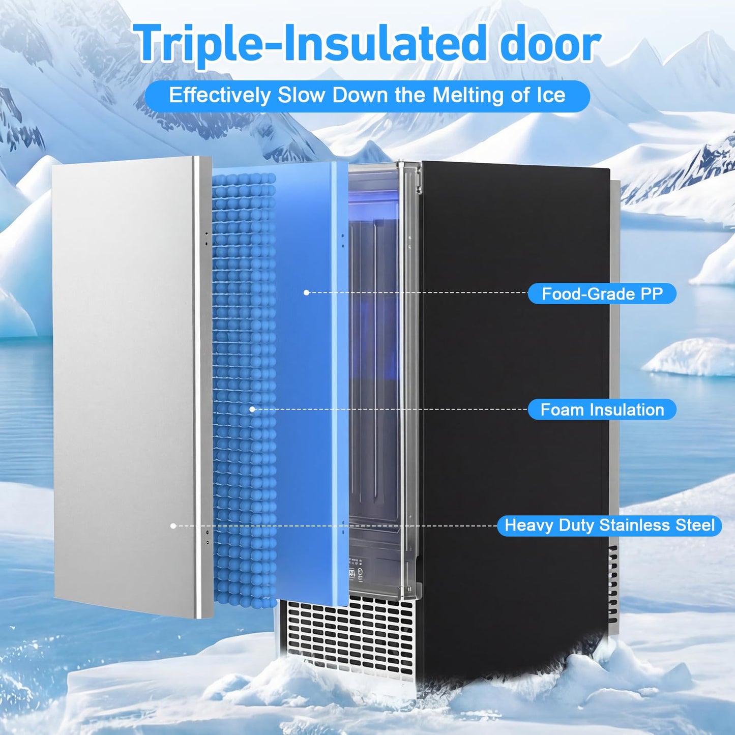 Under Counter Ice Maker 120lbs/24h, 2 in 1 Commercial Ice Machine & Beverage Refrigerator with 2 Drawers & 30lbs Storage, Stainless Steel Reversible Door, Adjustable Ice Thickness for Home Bar Kitchen
