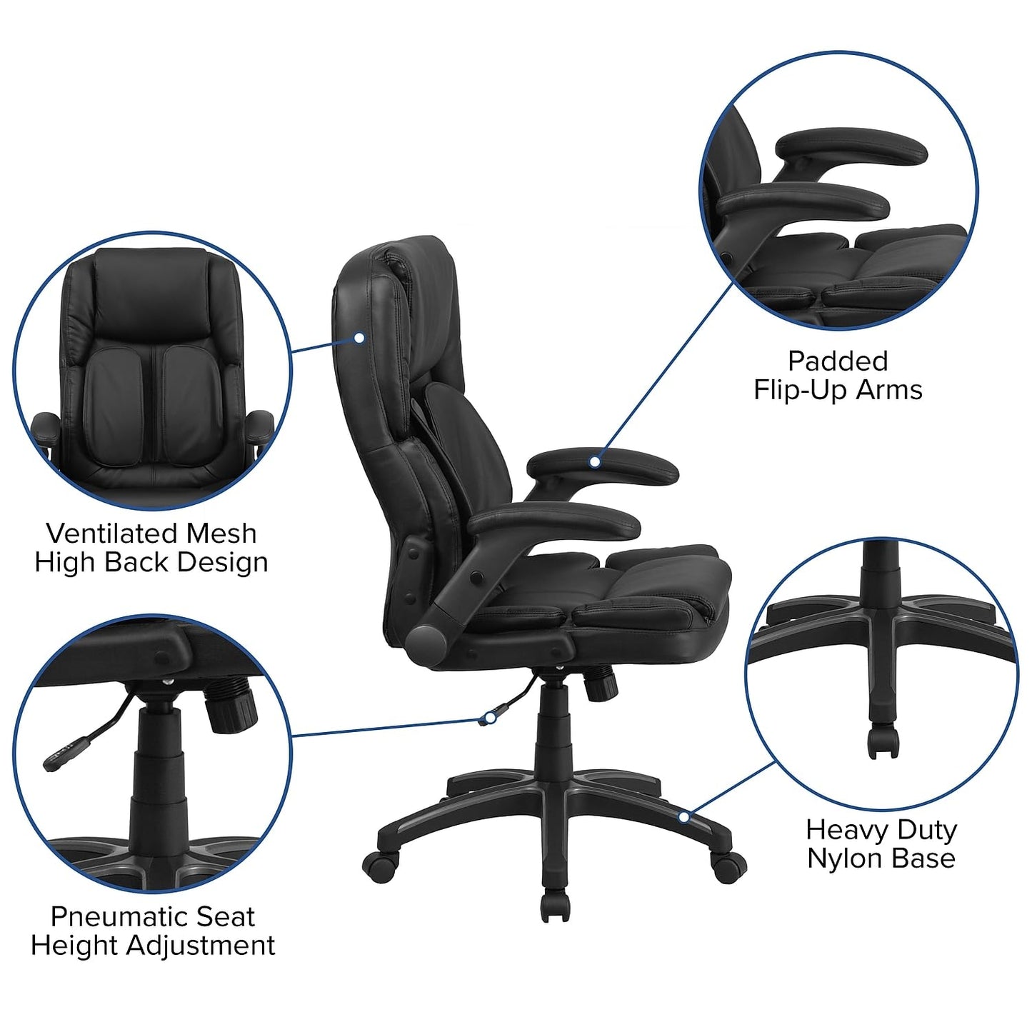 Flash Furniture Hansel Extreme Comfort High Back Black LeatherSoft Executive Swivel Ergonomic Office Chair with Flip-Up Arms