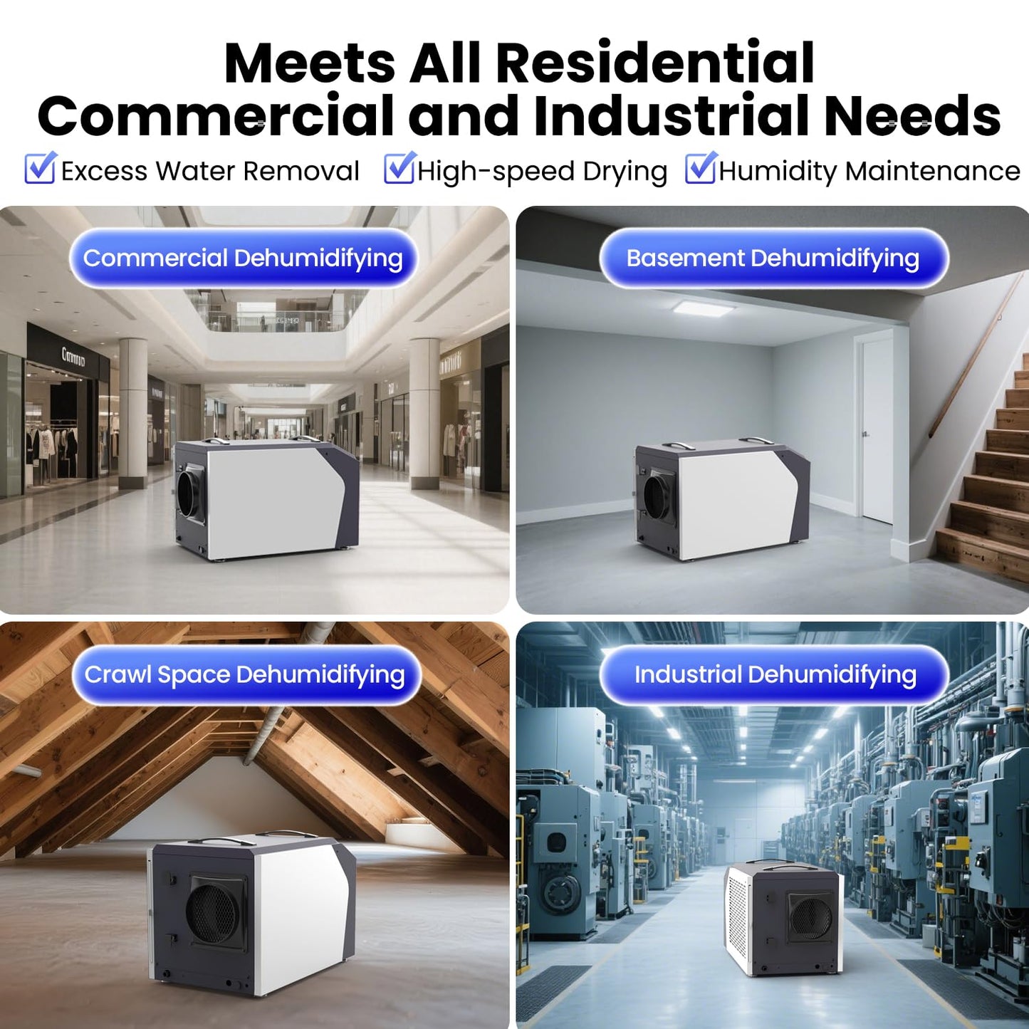 Industrial Commercial Dehumidifier with Pump, Crawl Space Dehumidifier with 180 Pints, Drain Hose, Smart LED Dehumidifier Display for Basement, Garage, Home, Cover Up to 8000Sq Ft