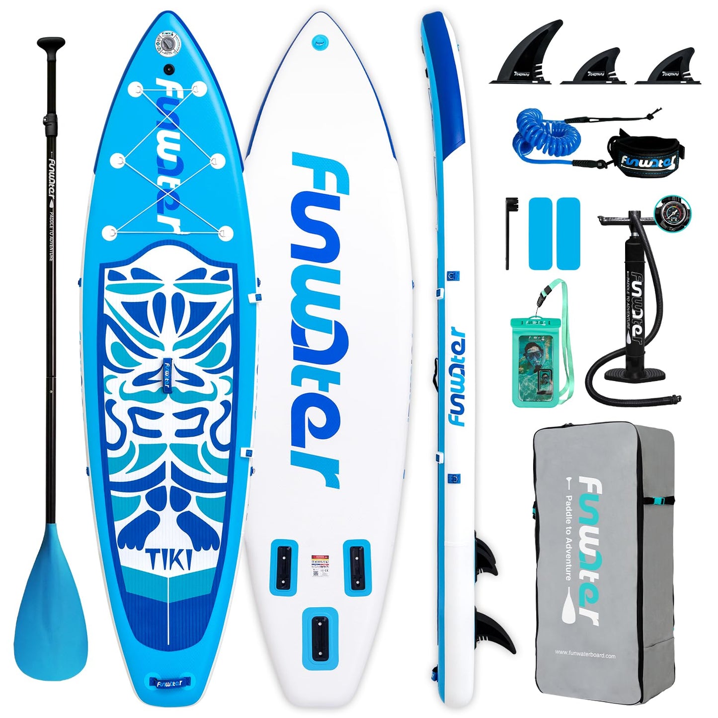 FunWater Inflatable 10'6×32"×6" Paddle Board SUP Stand Up Paddle Board for All Skill Levels Everything Included ISUP, Paddle, Pump, Backpack, Leash, Waterproof Bag, Fins
