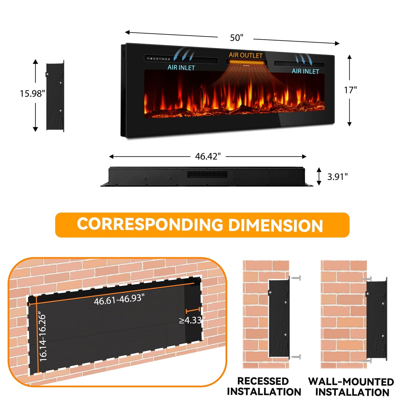 Tehanld 50" Ultra-Thin Electric Fireplace Heater, Recessed Wall Mounted