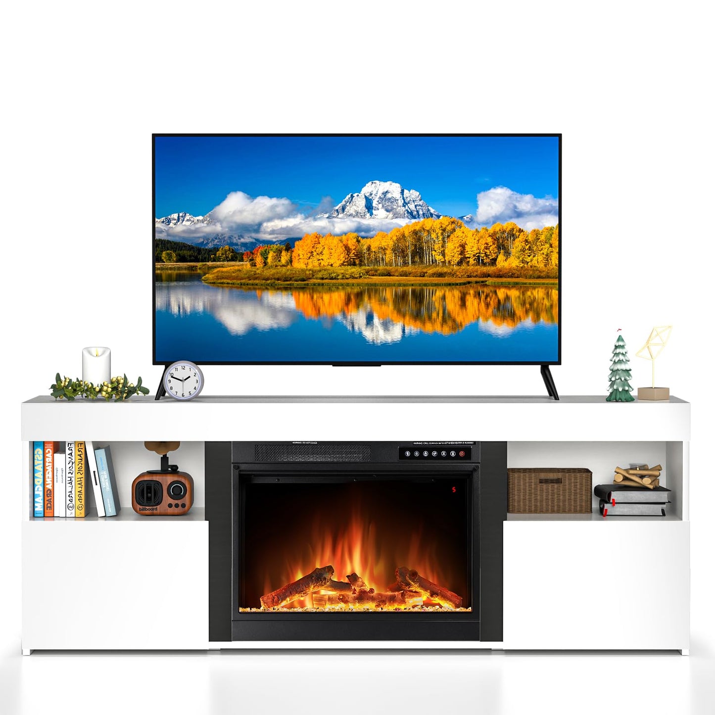 Electactic 59" Electric Fireplace TV Stand with Mantel, Storage Cabinet, Remote Control for LED Flame & Heater, for Living Room & Bedroom White