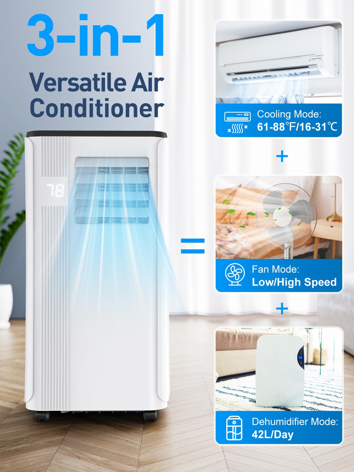 Portable Air Conditioners - 2026 Upgraded 10000 BTU Portable AC for Room up to 450 Sq. Ft, 3 in 1 AC Unit with 24H Timer, Smart Sleep Mode, Remote Control, Air Cooler for Bedroom Kitchen Small-Rooms
