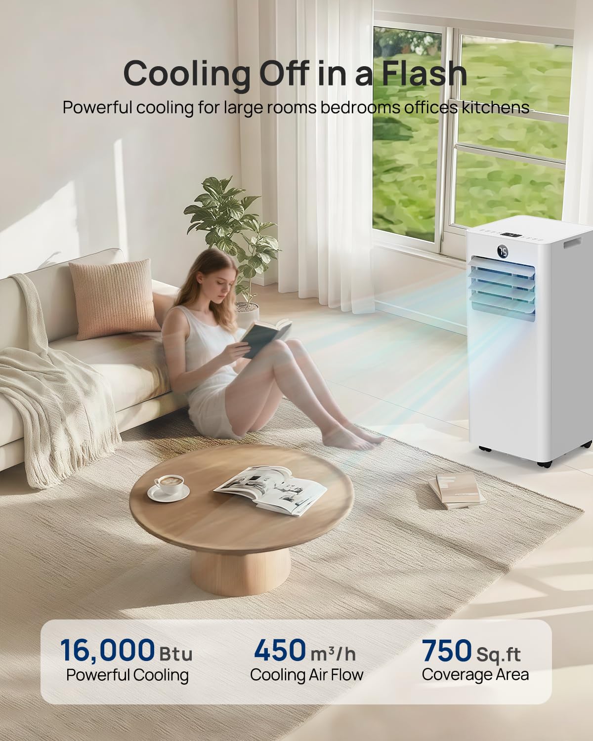 16,000 Btu Portable Air Conditioners for Large Rooms up to 750 Sq. Ft., 5-in-1 Smart WiFi AC Unit with APP, Fast Cooling, Dehumidifier, Fan, 36dB Sleep Mode 24H, Window Kits for Bedroom Home Office
