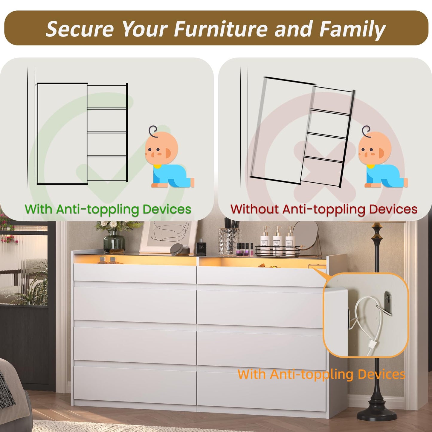 ZORPLIX White 8 Drawer Dresser for Bedroom, Modern Chest of Drawers, Jewelry Dresser Display with Glass Top and LED Light, Dressers Organizer for Bedroom, Closet, Living Room