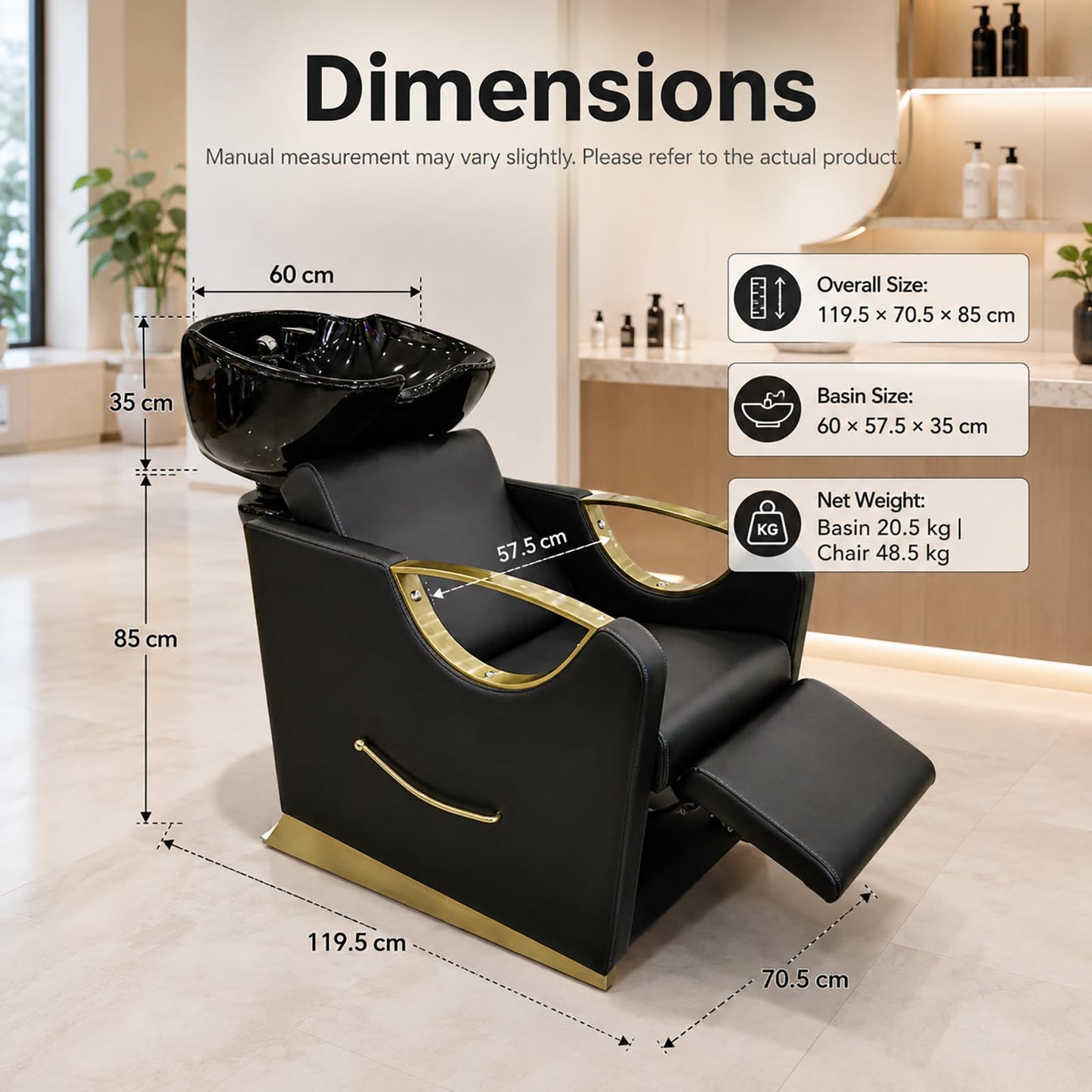 Shampoo Bowl and Chair Set, Adjustable Ceramic Backwash Unit with PU Leather Chair and Stainless Steel Armrests for Barber Shop